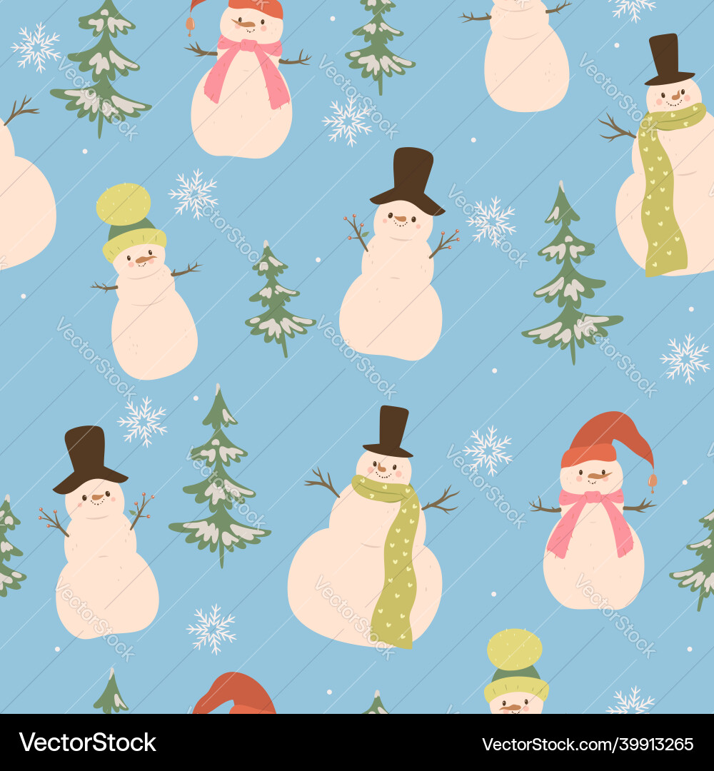 Seamless pattern with snowmen fir trees Seamless pattern with snowmen fir trees vector image