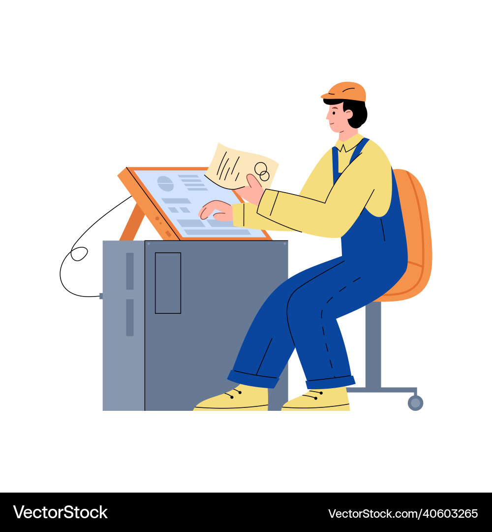 Smart factory engineer monitoring robotic line Smart factory engineer monitoring robotic line vector image
