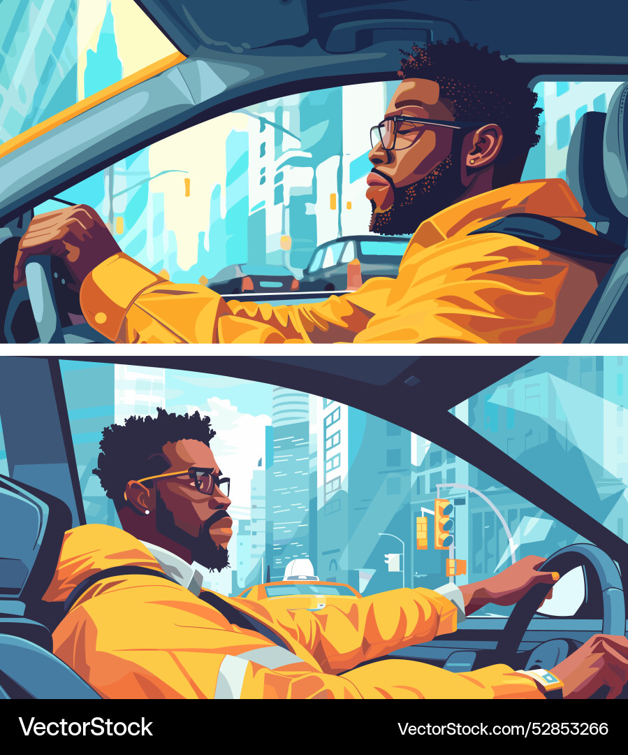 Cab driver cartoon scenes yellow jacket Royalty Free Vector