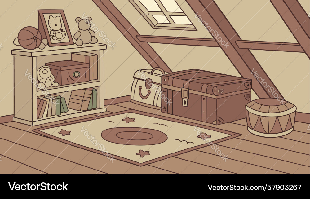 Rustic attic space with bookcases and trunk Vector Image