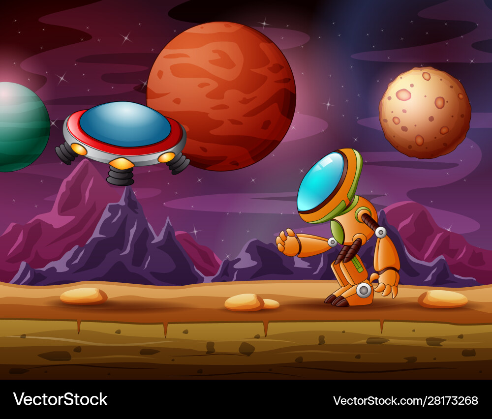 A robot and ufo spaceship in space vector image
