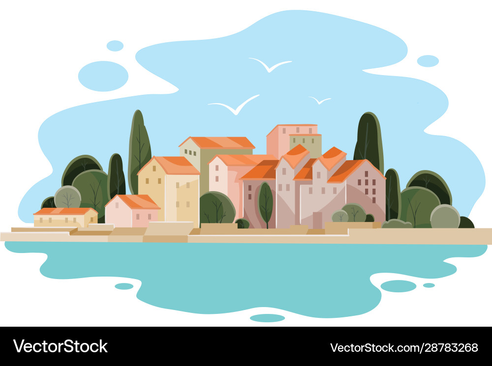 Landscape a coastal town with small houses Landscape a coastal town with small houses vector image