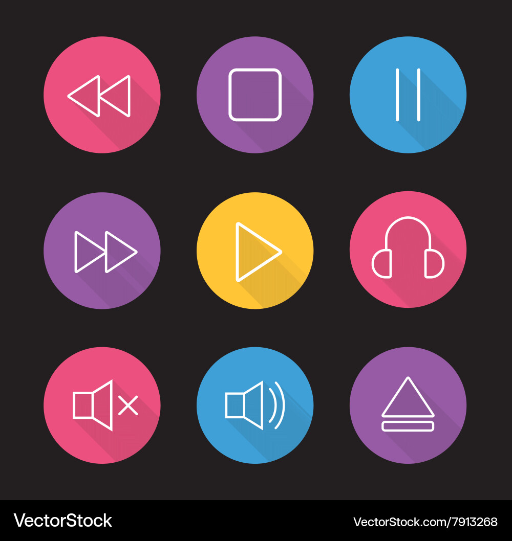 Multimedia flat linear long shadow icons set Vector Image