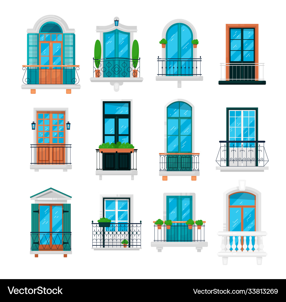 Different railing window balcony building design Different railing window balcony building design vector image