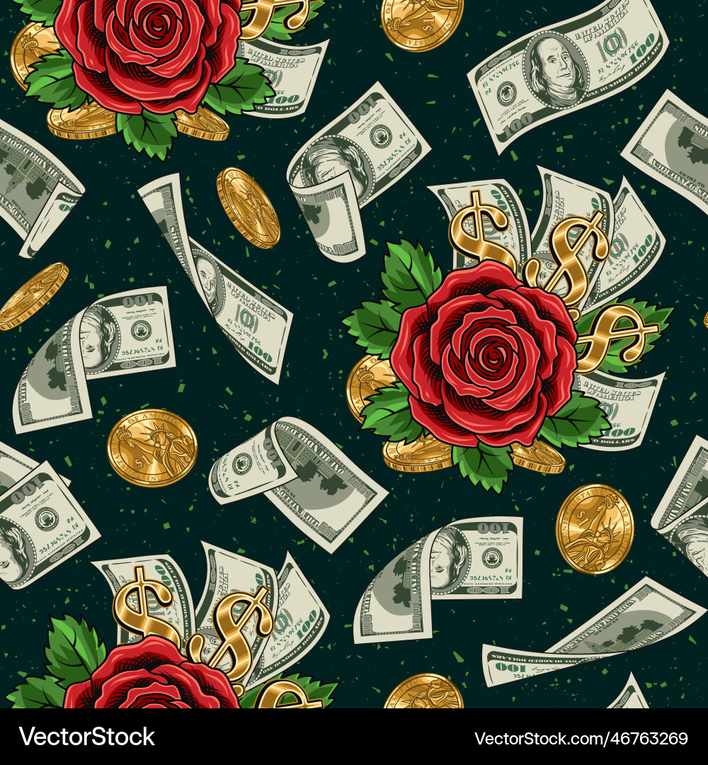 Geldmuster mit fliegenden Dollarrechnungen Rosen Geldmuster mit fliegenden Dollarrechnungen Rosen vektorbild