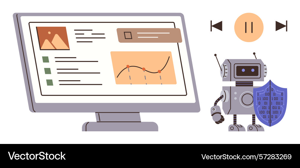 Robot with shield analyzing data on computer Robot with shield analyzing data on computer vector image