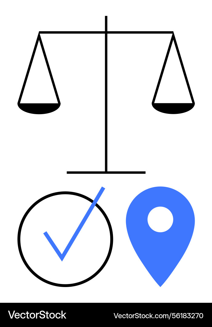 Balanced scales with checkmark and location pin Balanced scales with checkmark and location pin vector image