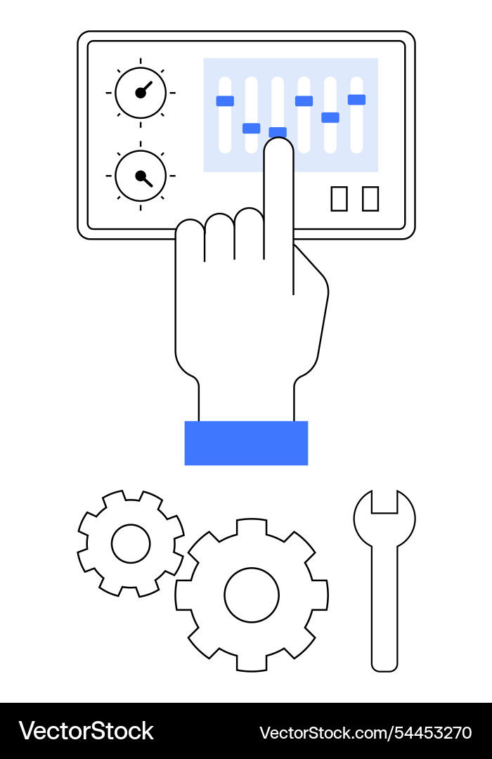 Hand adjusting control panel with cogs and wrench vector image