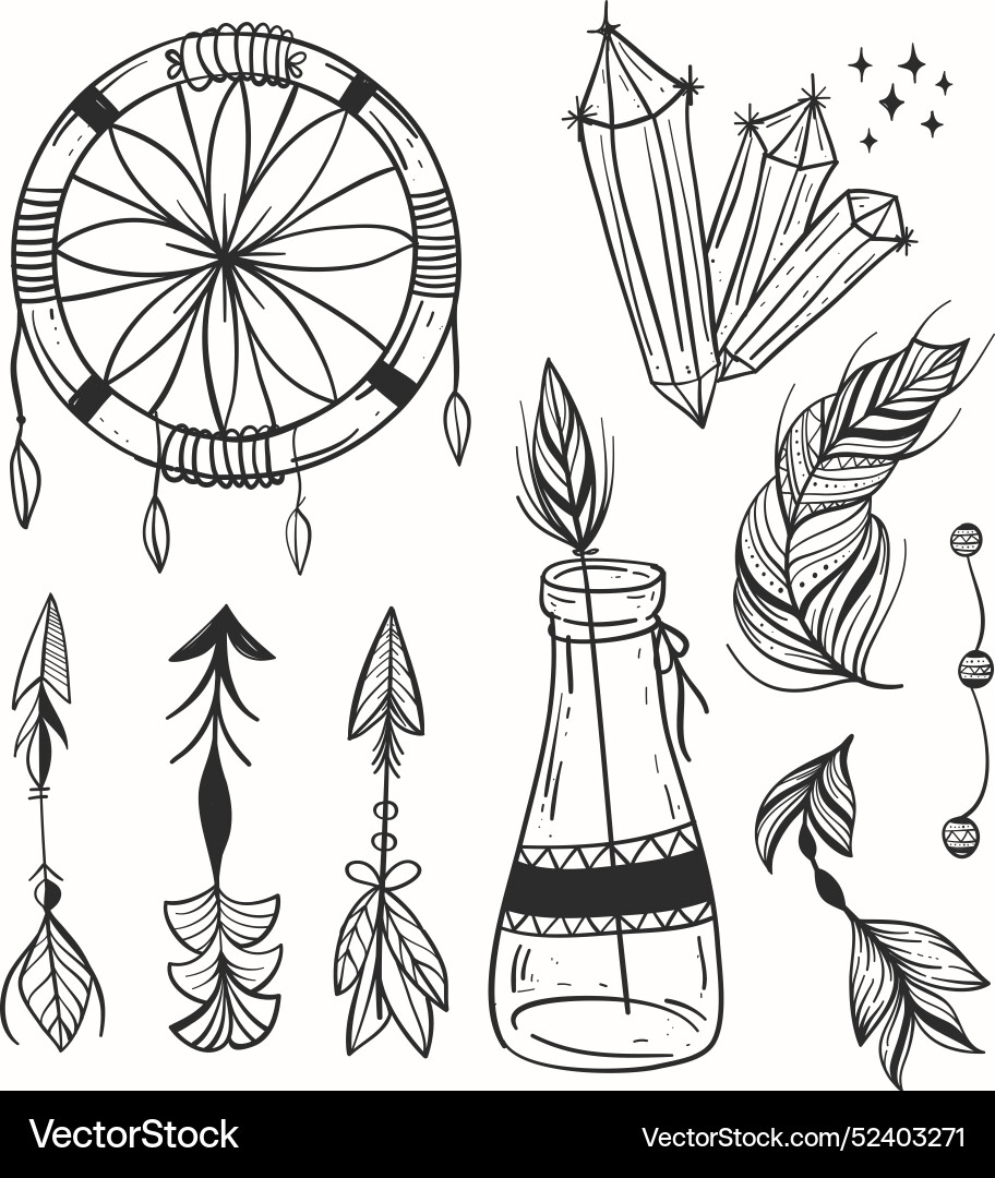 Engraving hand drawn boho elements collection Vector Image