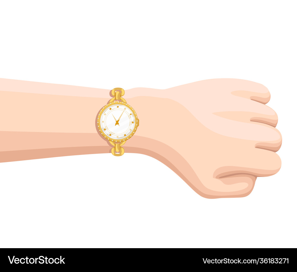 Goldene Armbanduhr mit Armband auf der Hand Goldene Armbanduhr mit Armband auf der Hand vektorbild
