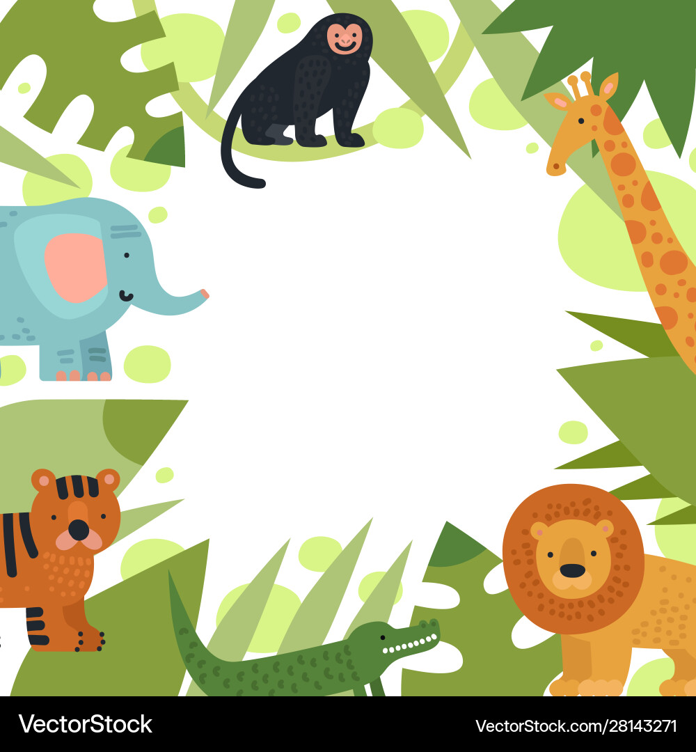 Jungle frame tropical leaves border with cartoon Jungle frame tropical leaves border with cartoon vector image
