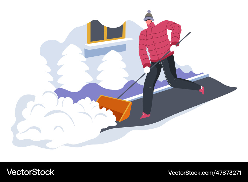 Male character cleaning road from snow by house Male character cleaning road from snow by house vector image