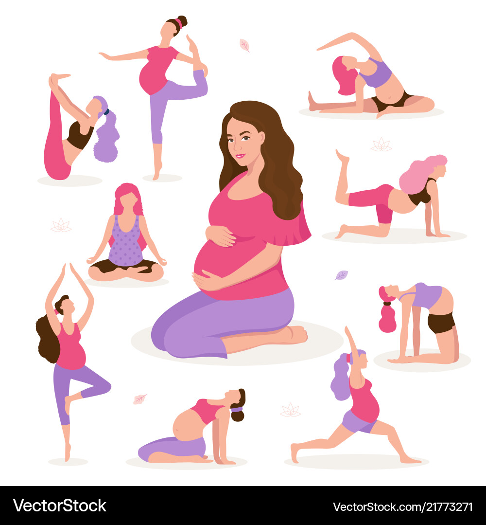 Ziemlich schwangere Frau tun Yoga mit gesund Ziemlich schwangere Frau tun Yoga mit gesund vektorbild