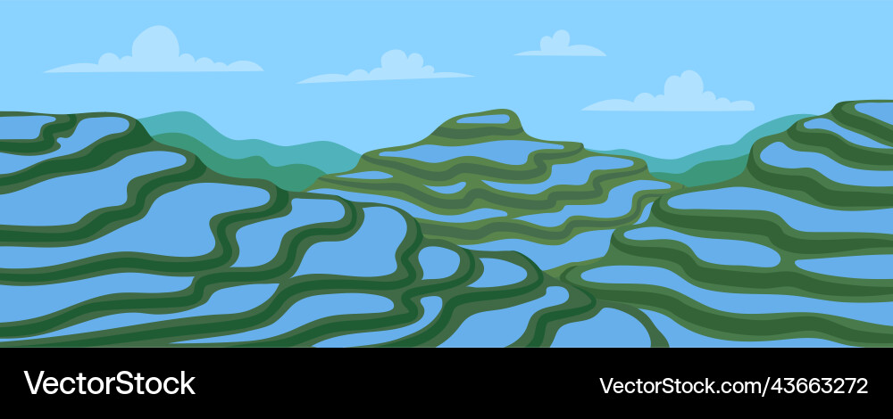 Cartoon terraced asian rice fields landscape Cartoon terraced asian rice fields landscape vector image