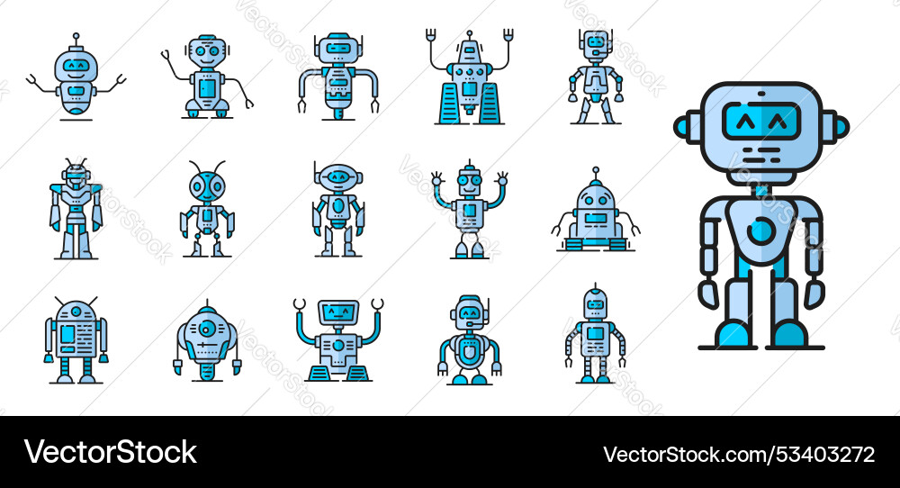 Color robot line and outline icons of cartoon toys Color robot line and outline icons of cartoon toys vector image