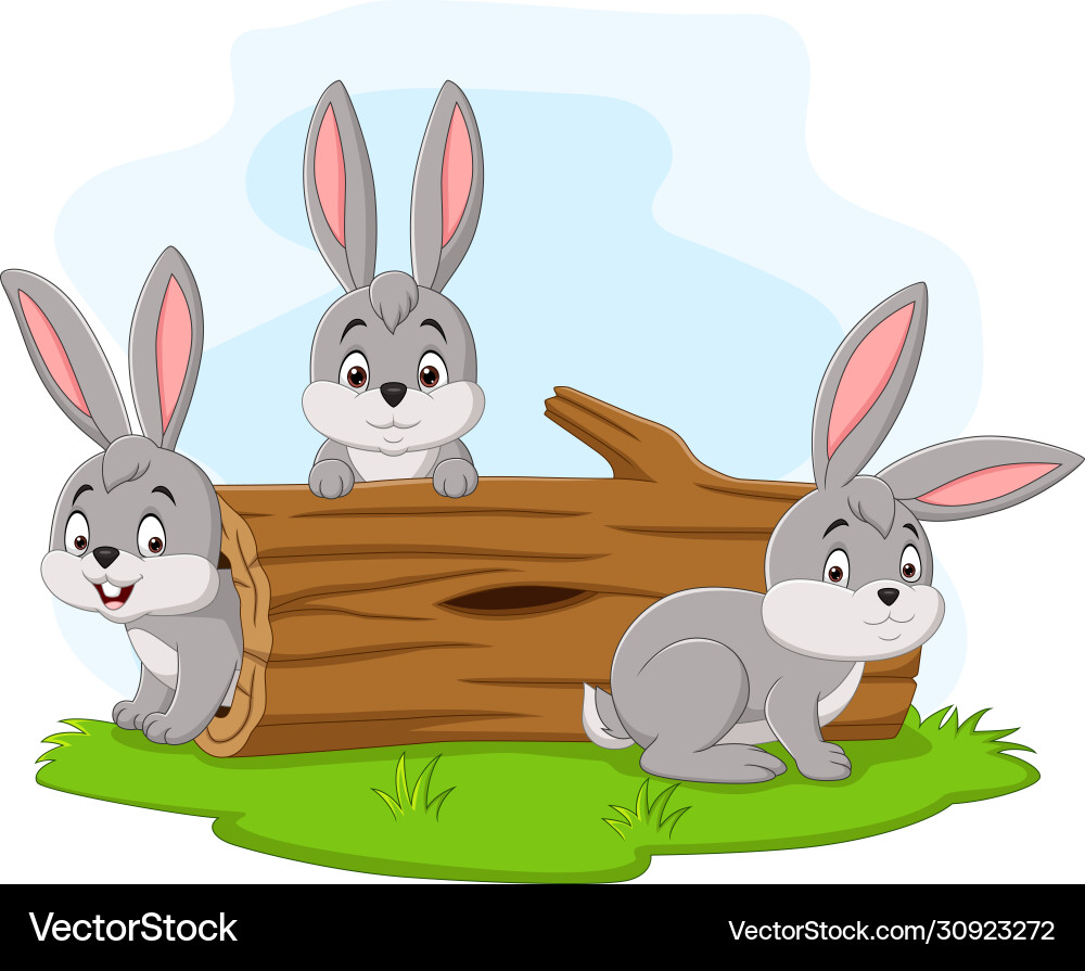 Three rabbit cartoon playing in log Royalty Free Vector