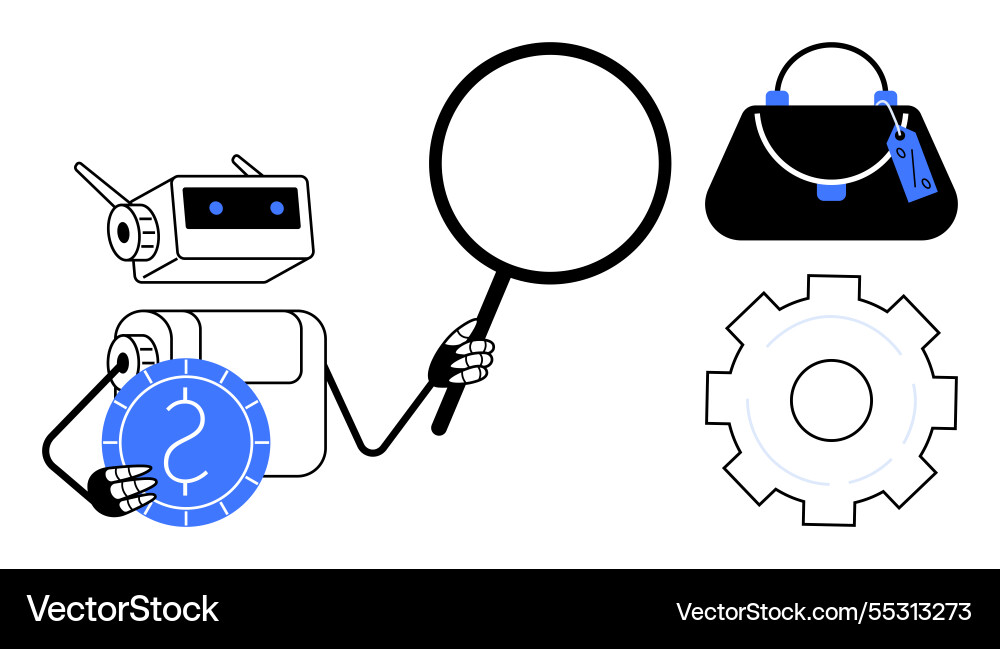 Robot analyzing coin with magnifying glass next Robot analyzing coin with magnifying glass next vector image