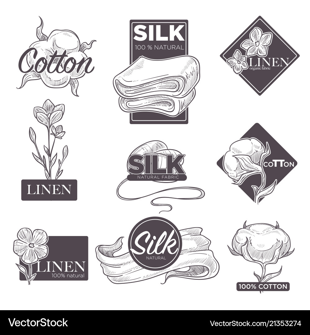 Cotton and silk linen textile labels sketch Cotton and silk linen textile labels sketch vector image