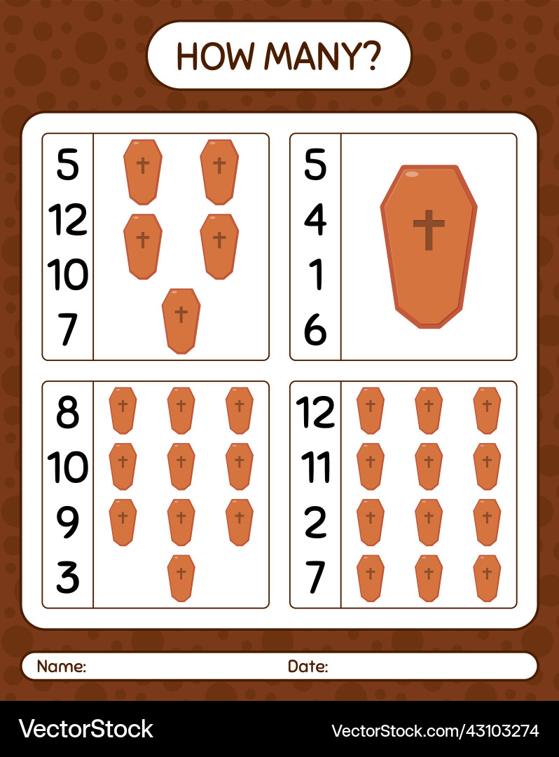 How many counting game with coffin worksheet How many counting game with coffin worksheet vector image