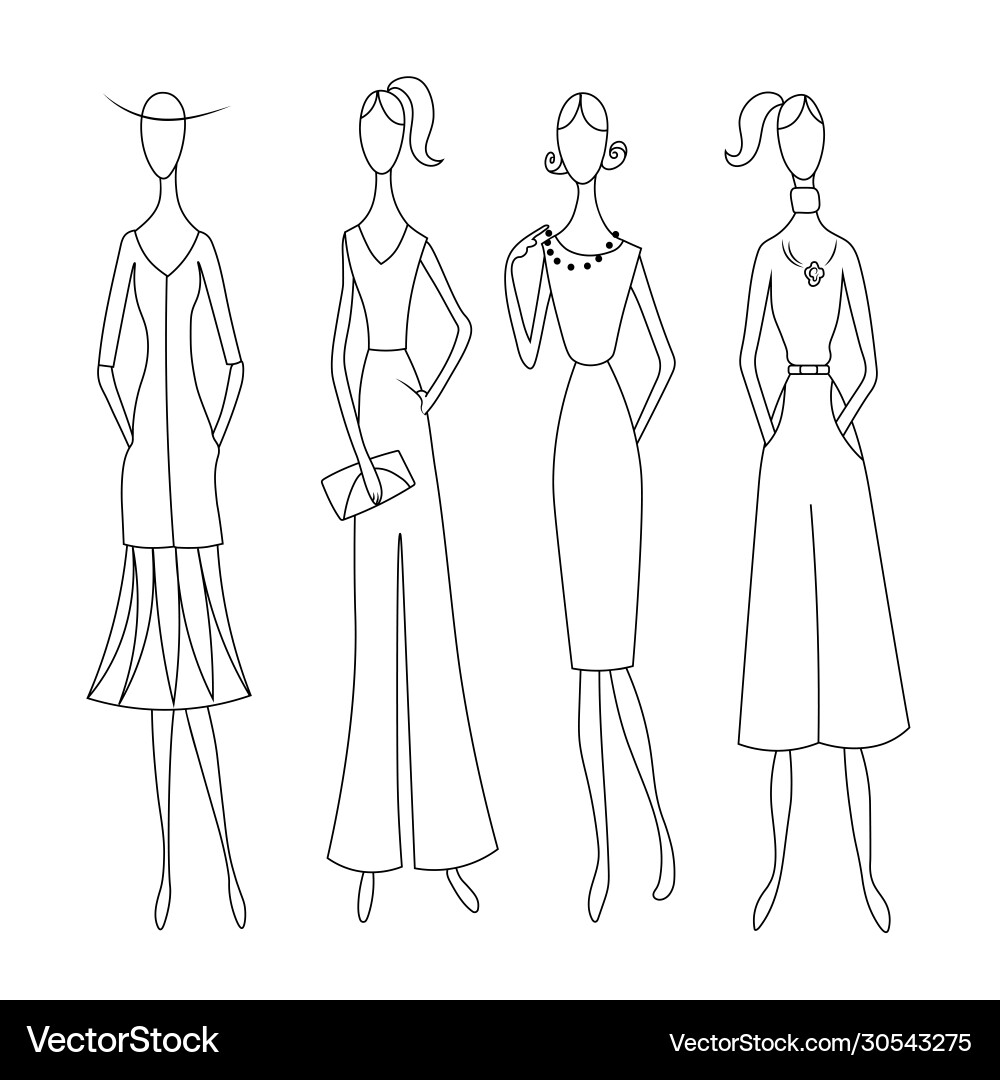Fashion women in checkered dress drawing outline vector image