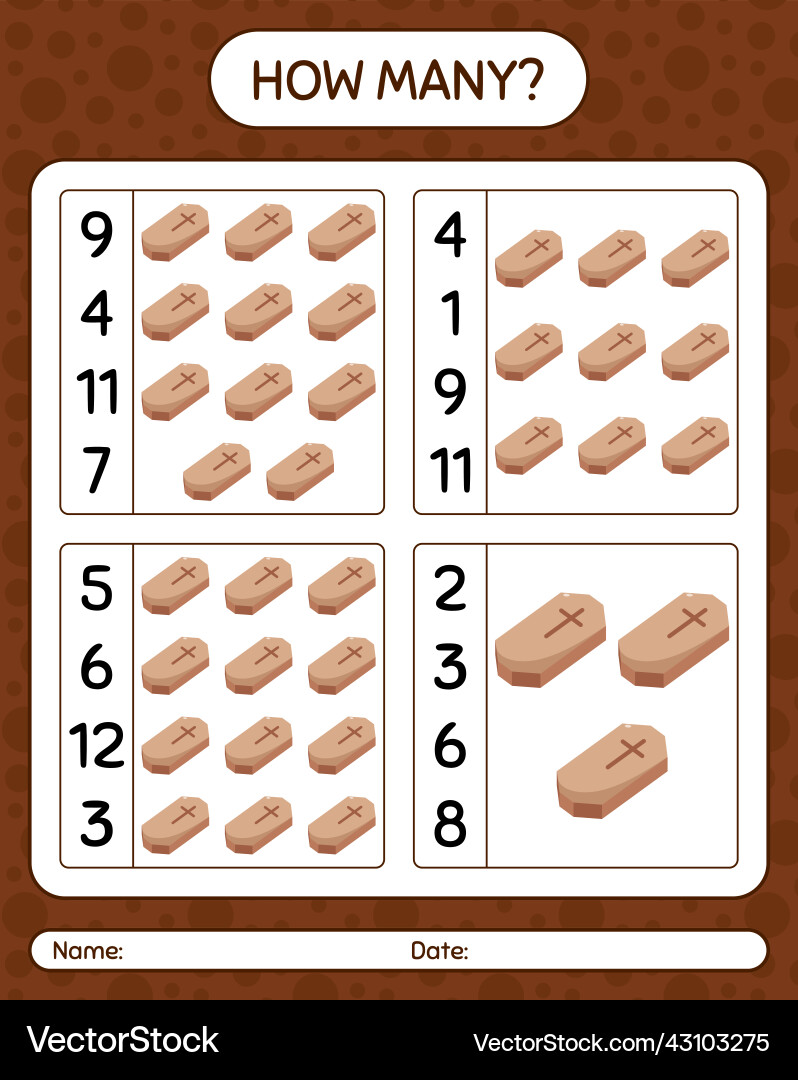 How many counting game with coffin worksheet How many counting game with coffin worksheet vector image
