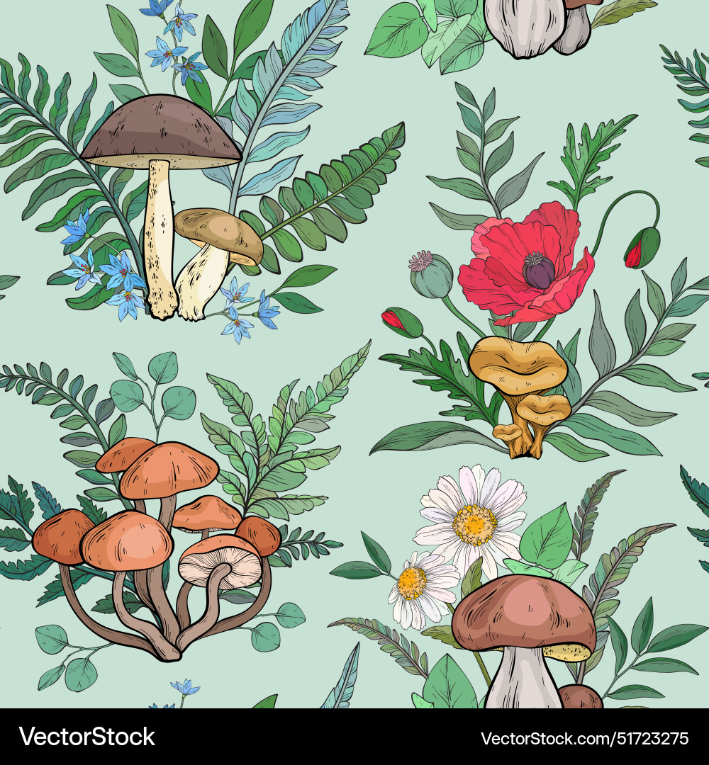 Pattern with different types of mushrooms poppies Pattern with different types of mushrooms poppies vector image