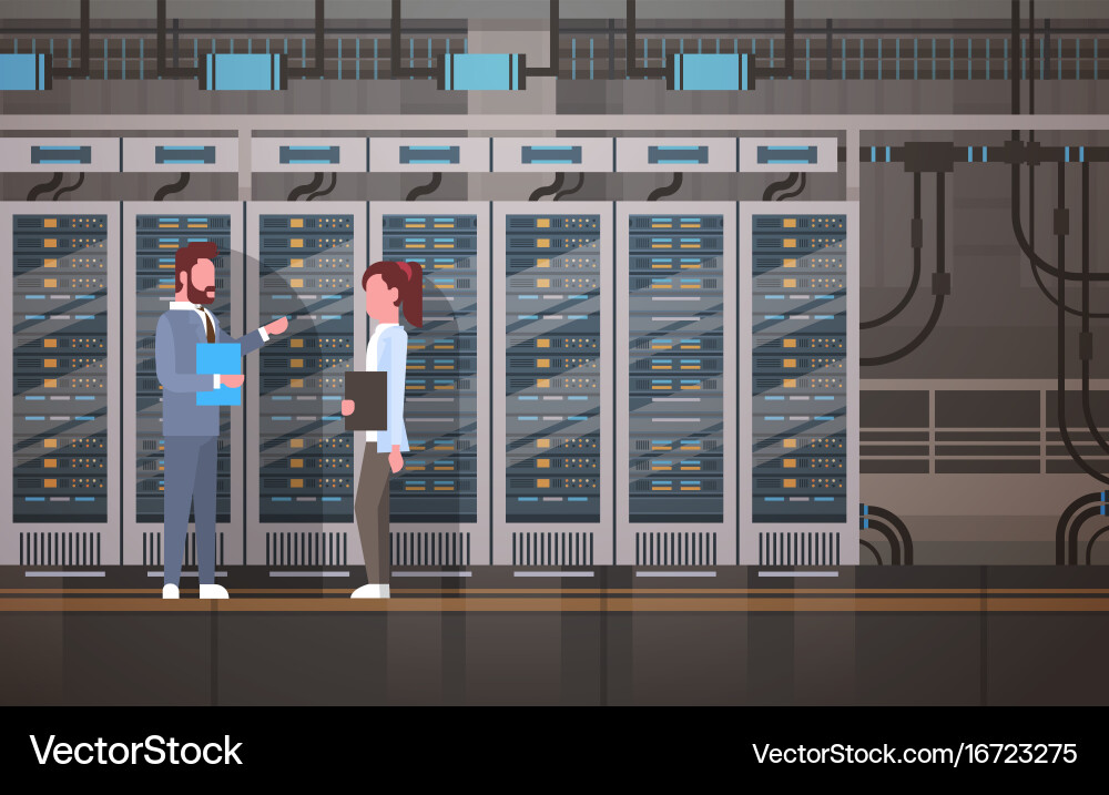 People working in data center room hosting server vector image