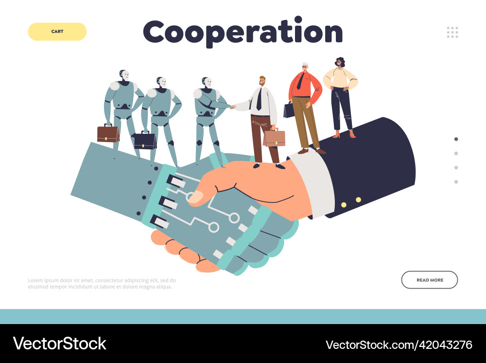 Cooperation concept of landing page with robots Vector Image