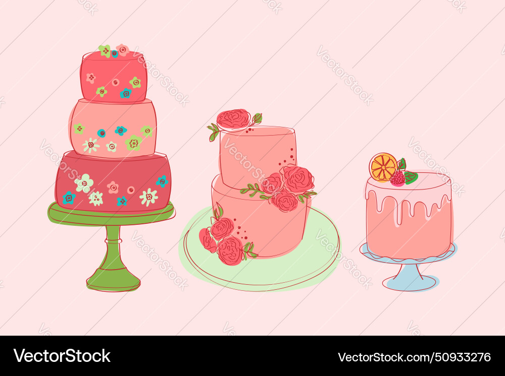Three different types of cakes on a table Three different types of cakes on a table Vector Image