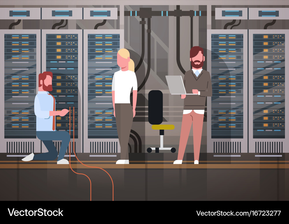 People working in data center room hosting server vector image