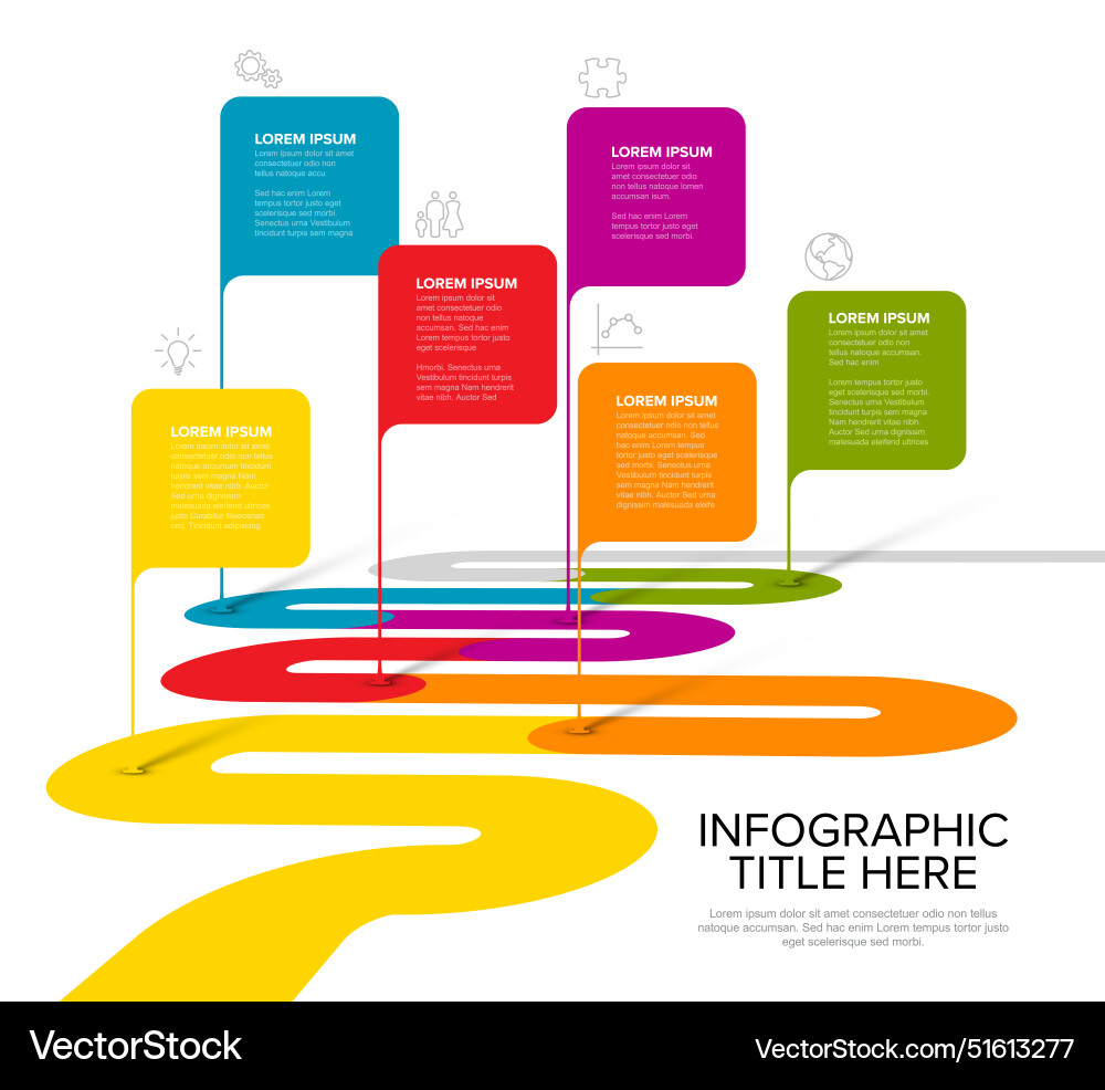 Timeline with six square pointers on a curved Timeline with six square pointers on a curved vector image