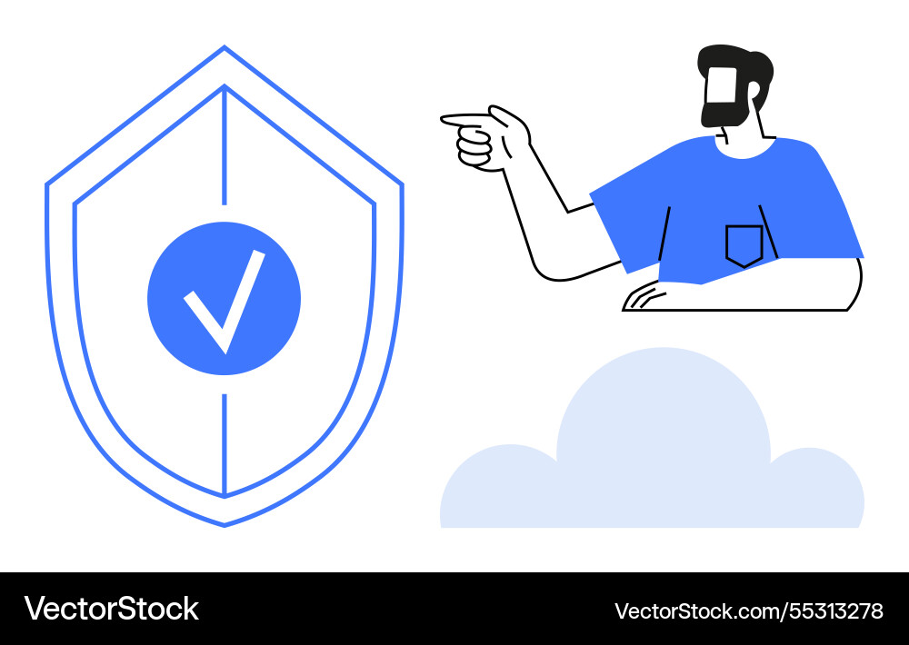 Man gesturing towards a shield with checkmark Man gesturing towards a shield with checkmark vector image