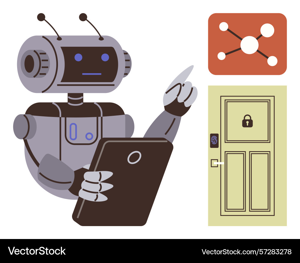 Robot using tablet to unlock smart door Robot using tablet to unlock smart door vector image