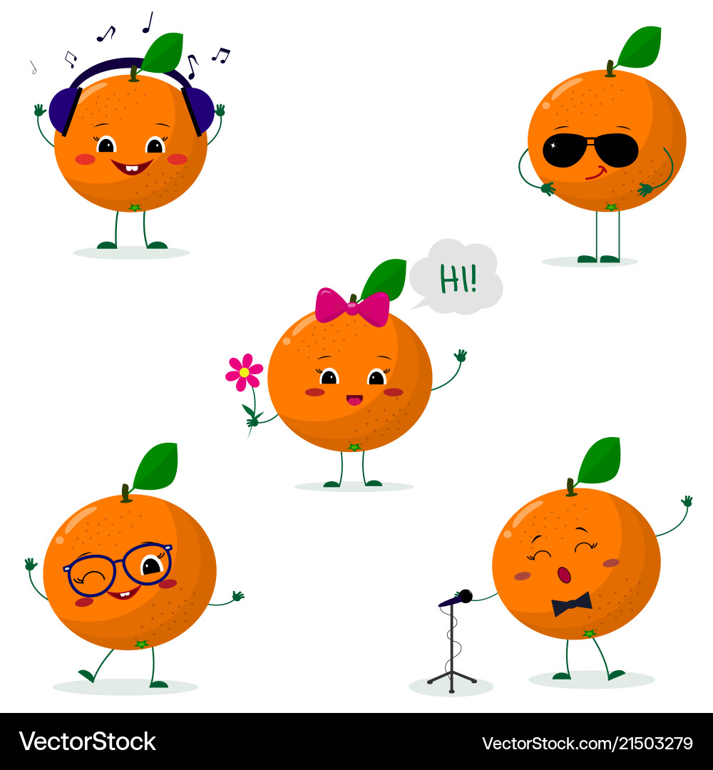 A set of five oranges smiley in different poses A set of five oranges smiley in different poses vector image