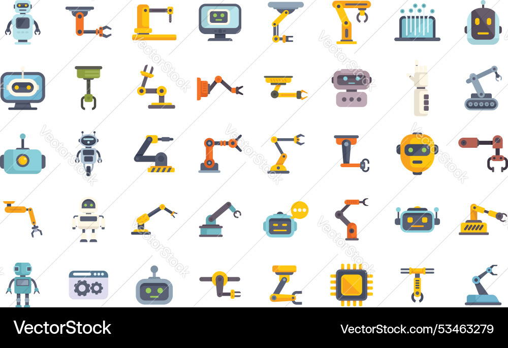 Large set of colorful robot and robotic arm icons Large set of colorful robot and robotic arm icons vector image