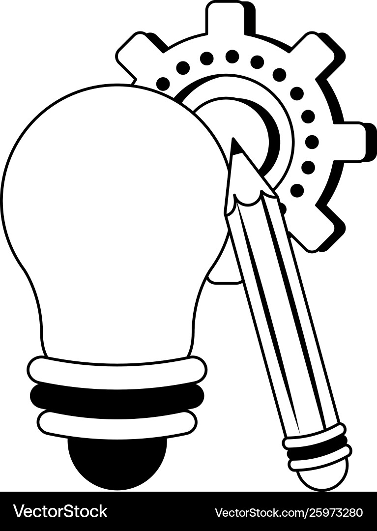 Bulb Licht und Bleistift mit Getriebe Cartoon in schwarz Bulb Licht und Bleistift mit Getriebe Cartoon in schwarz vektorbild