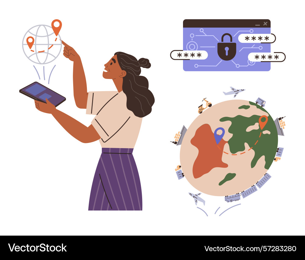 Woman using tablet to access secure global network vector image