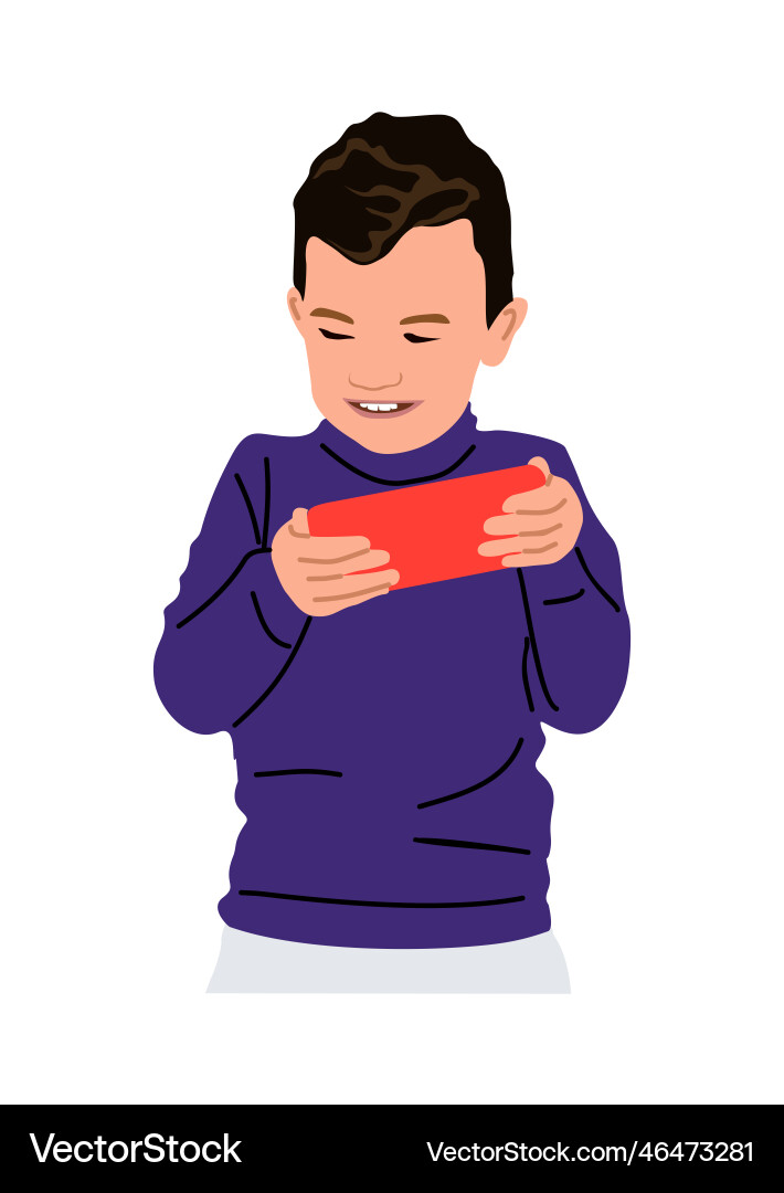 Cute little boy playing video game on smart phone Cute little boy playing video game on smart phone vector image