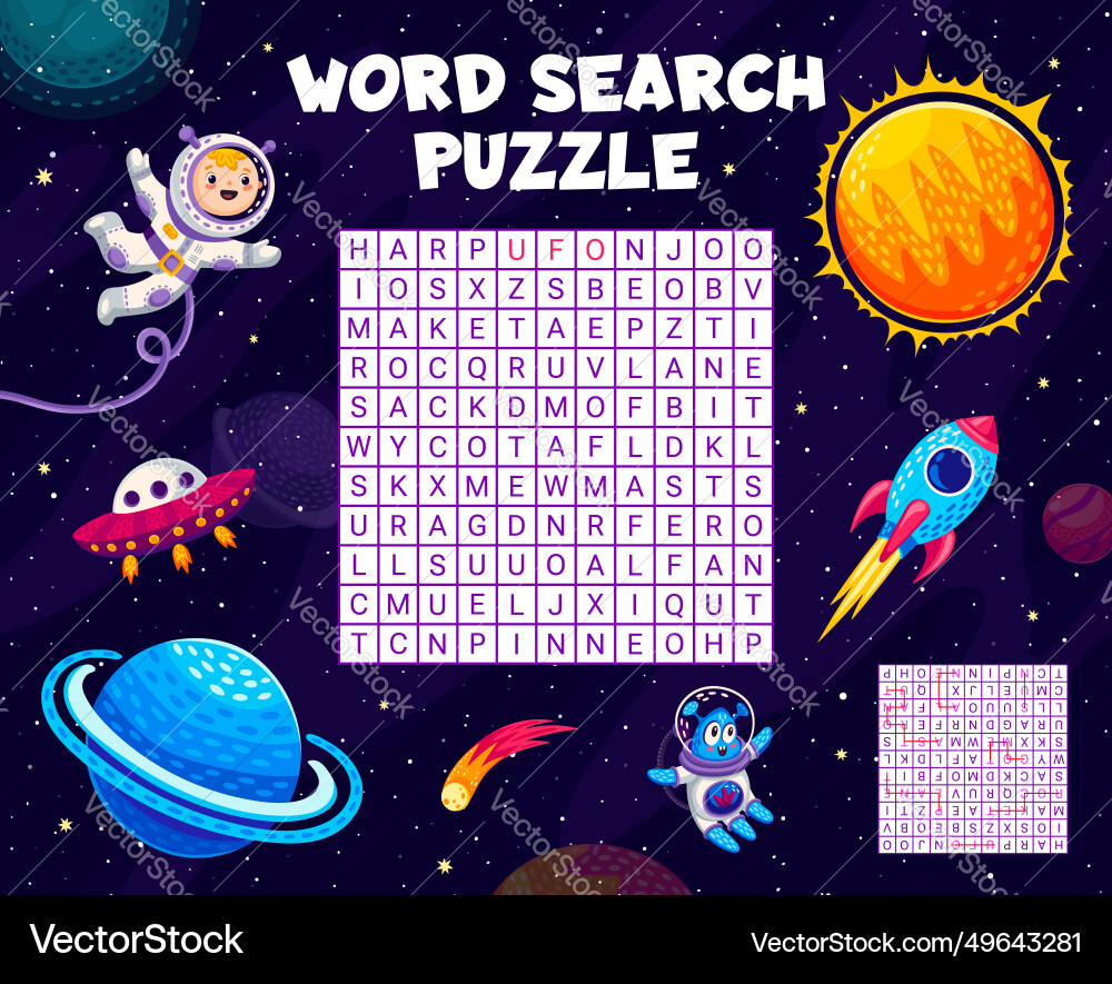 Word search puzzle game astronaut rocket in space Word search puzzle game astronaut rocket in space vector image