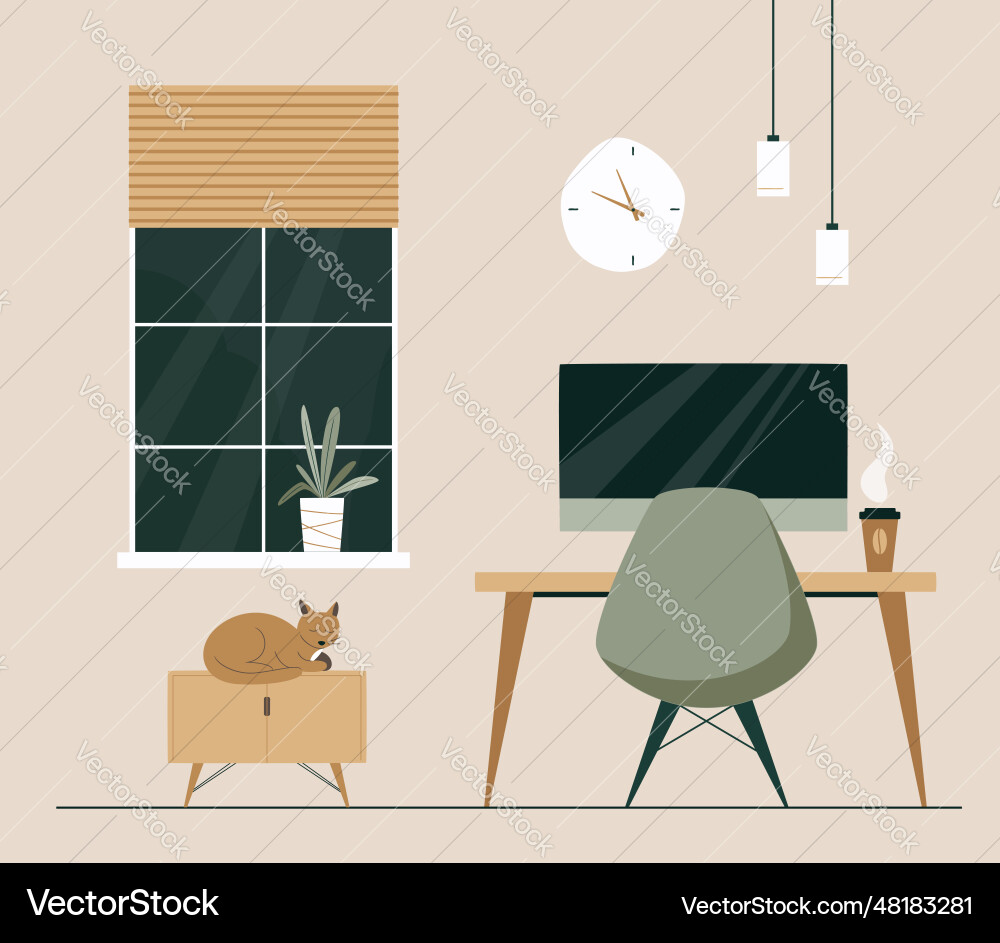 Workspace with desk desktop computer coffee work Workspace with desk desktop computer coffee work vector image