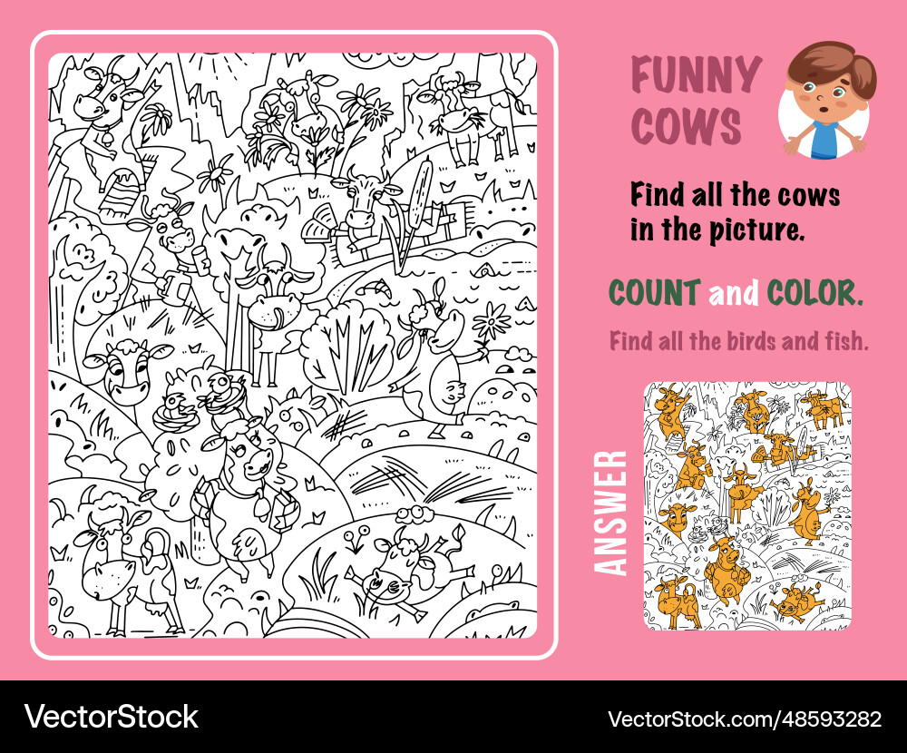 Find cows in the picture count and color game Find cows in the picture count and color game vector image