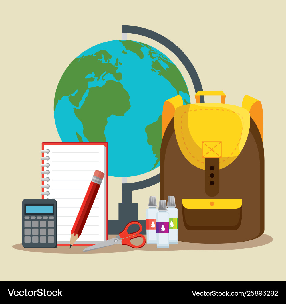 Global map with backpack and notebook Global map with backpack and notebook vector image