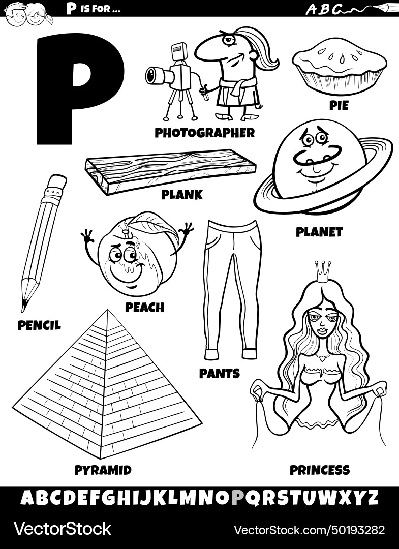 Letter p set with cartoon objects and characters Letter p set with cartoon objects and characters vector image