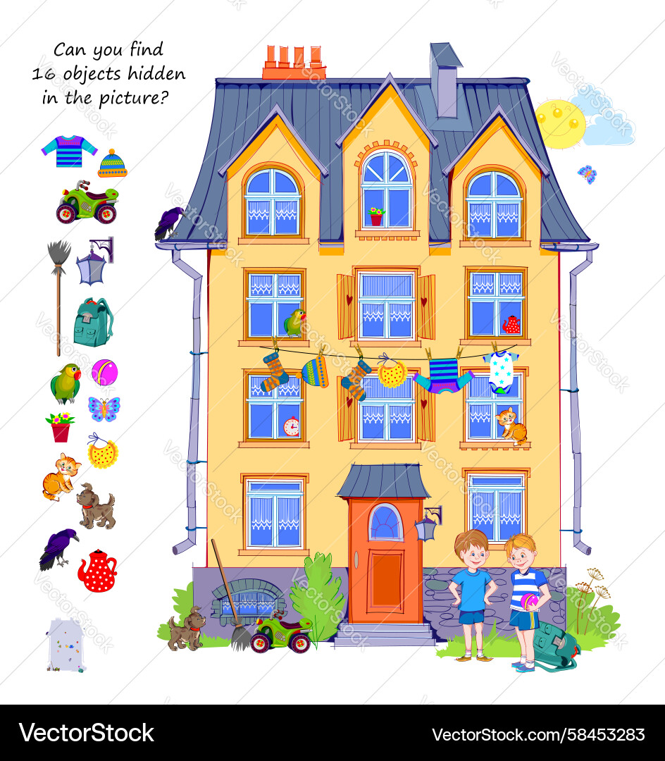Find 16 Hidden Objects in House Vector Image