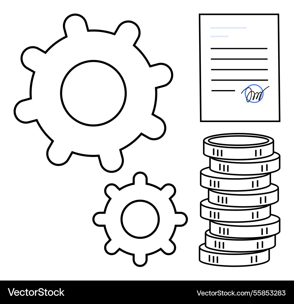 Gears with contract document and coin stacks Gears with contract document and coin stacks vector image