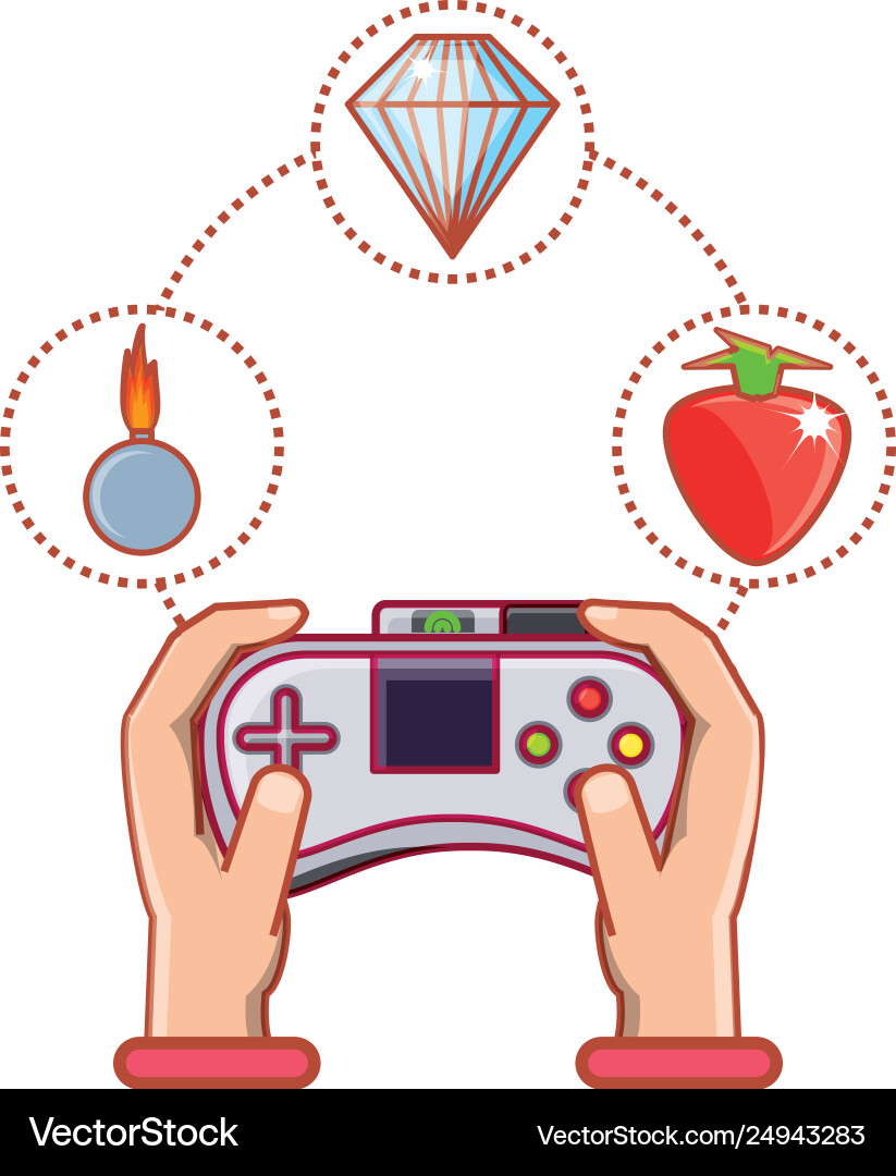 Hands with control video game and set icons Hands with control video game and set icons vector image