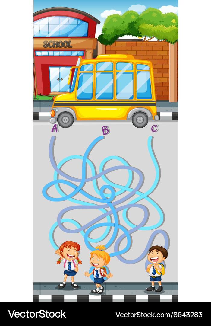 Maze game with students and school bus Vector Image