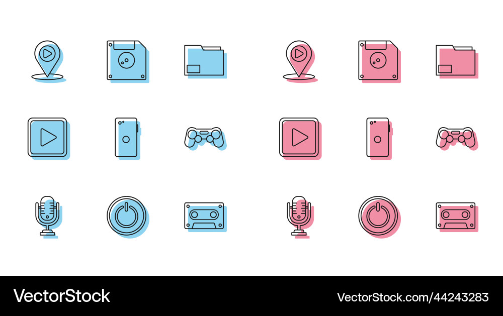 Set line microphone power button digital media Set line microphone power button digital media vector image