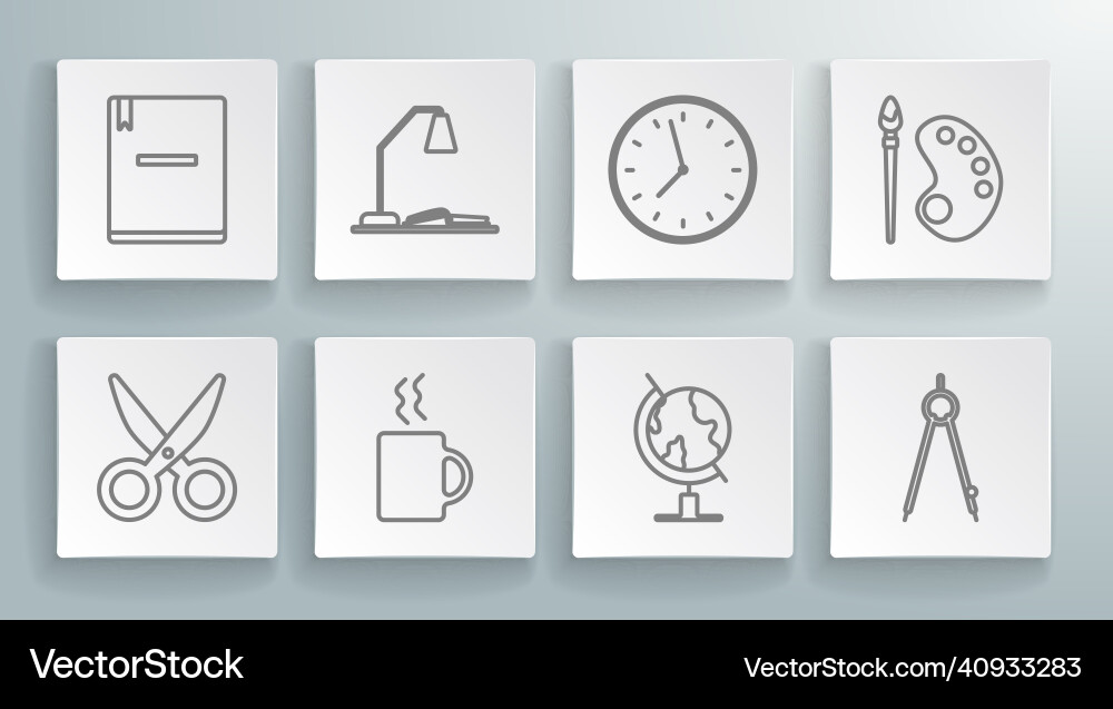 Set line scissors workplace with table lamp vector image