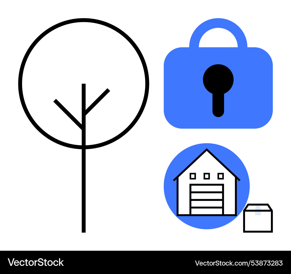 Simple tree lock and garage in minimalist style Simple tree lock and garage in minimalist style vector image
